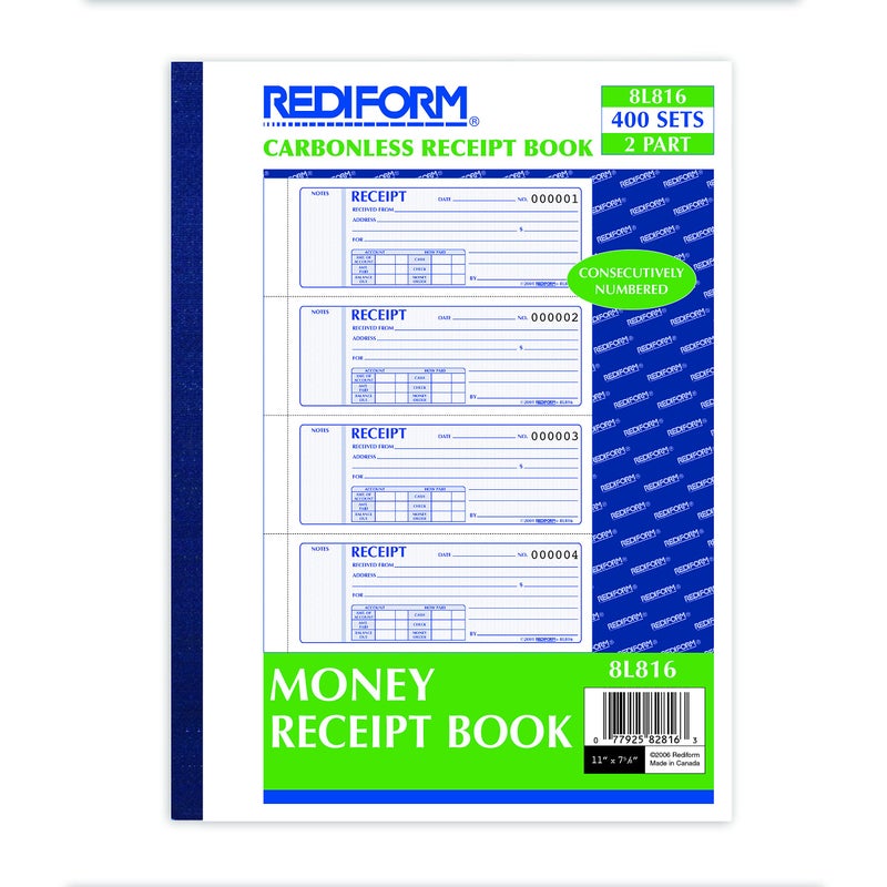 RediformÂ® Money Receipt Book, Carbonless, 400 Numbered Duplicates, 4/Page, 11" x 7.625" (RED8L816) (8L816) - Image 2